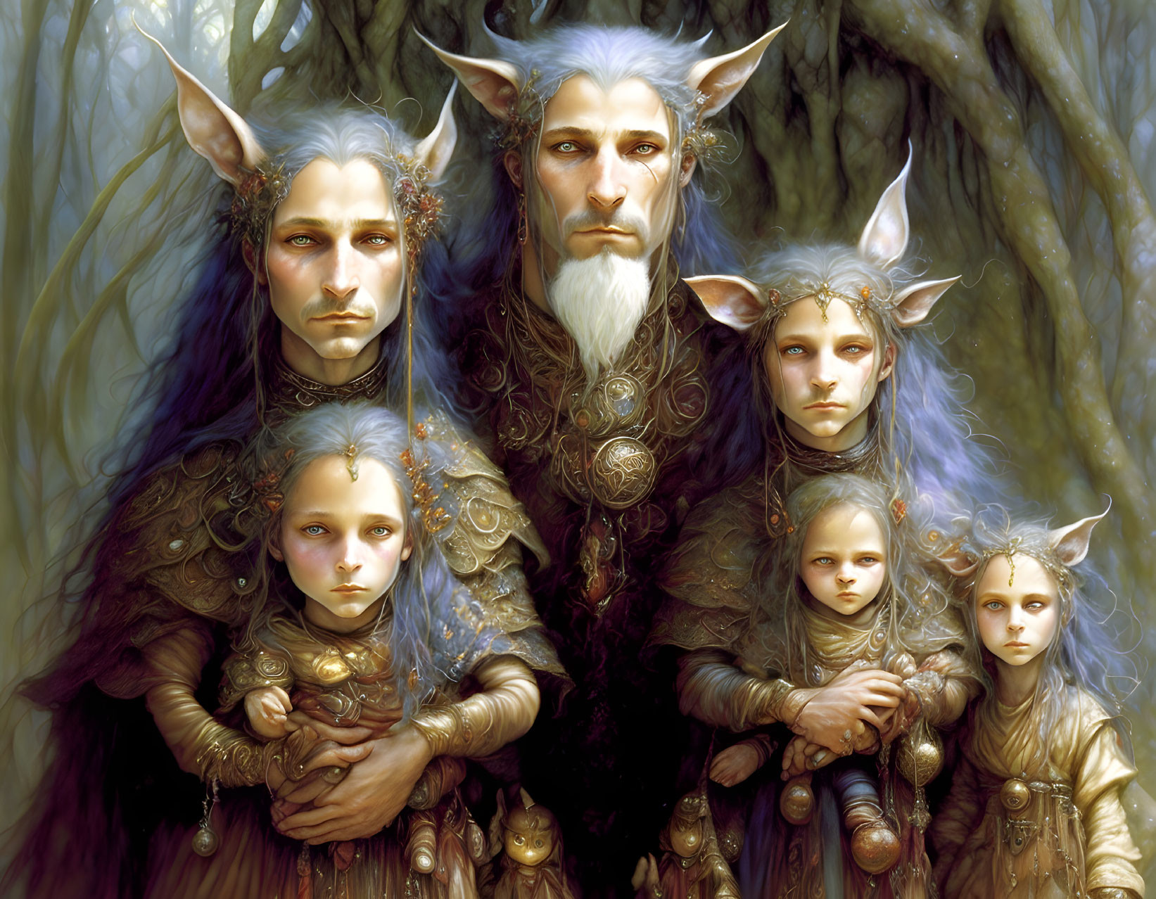 Fantasy portrait: Elf family in medieval attire, mystical forest.