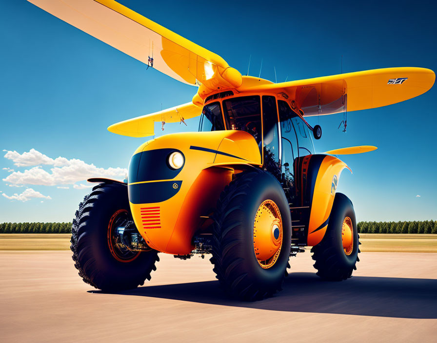 Orange biplane merged with tractor on a runway under blue sky