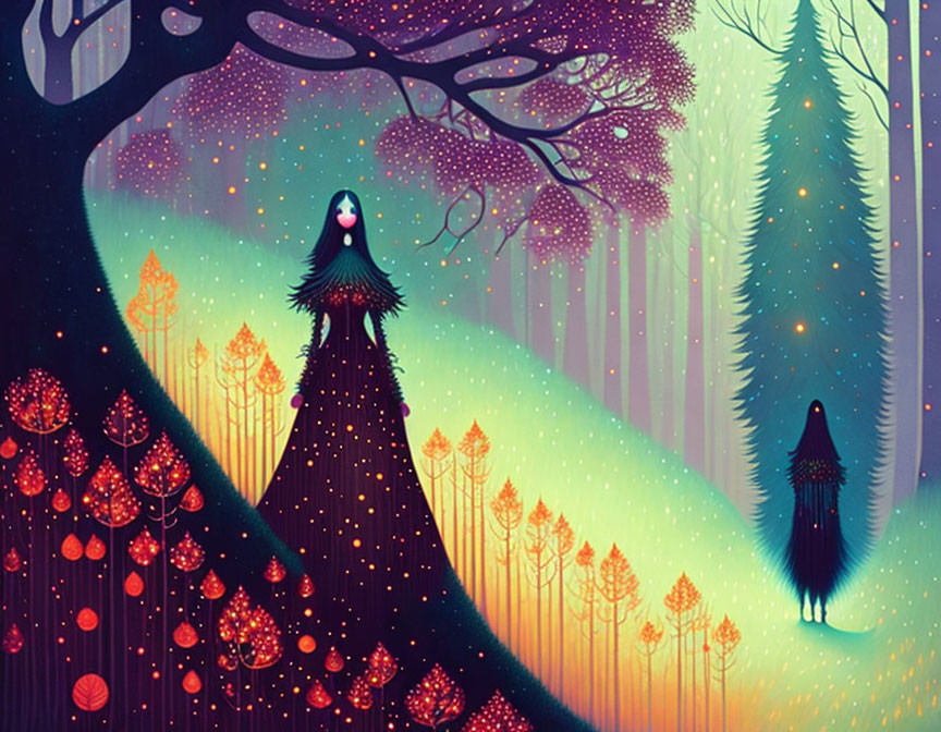 Mystical forest scene with cloaked figures and glowing trees