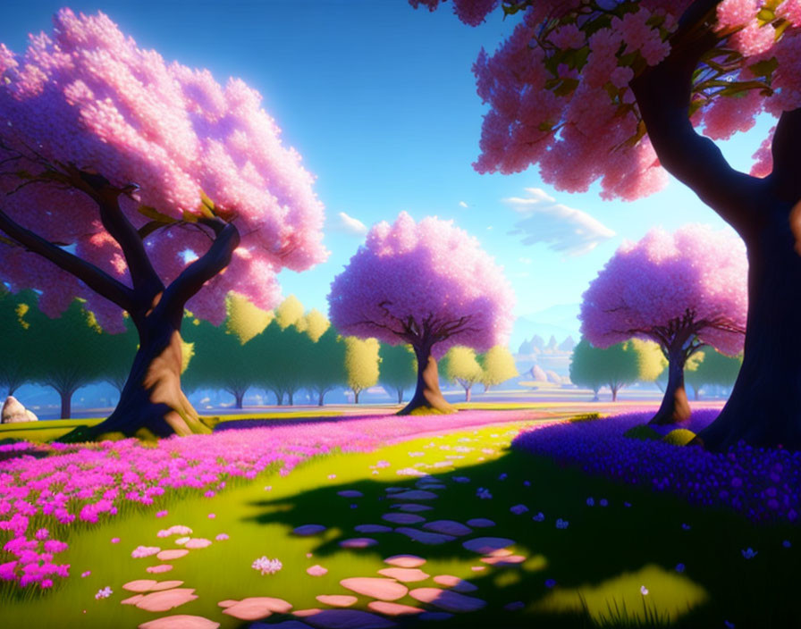 Pink Blossoming Trees in Lush Digital Landscape