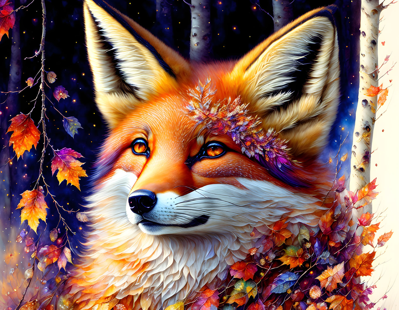 Fox with autumn leaves and frosted foliage in forest setting