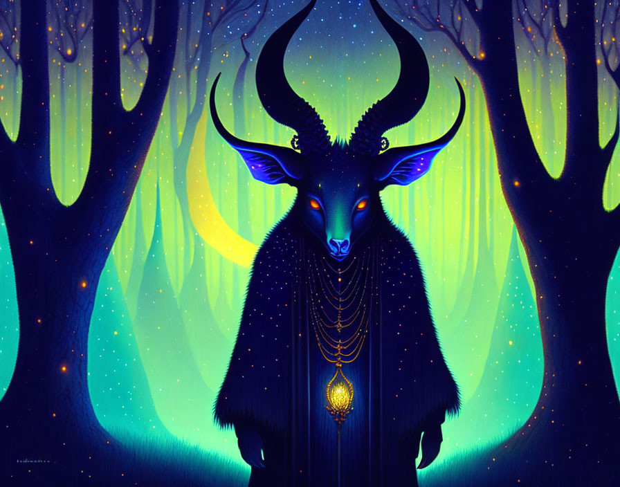 Mystical illustration of cloaked figure with glowing-eyed deer head in enchanted forest