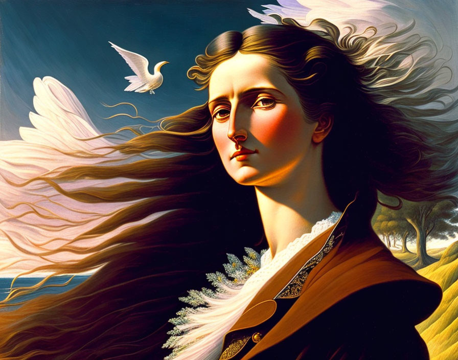 Stylized painting of woman with flowing hair and seagull in dramatic coastal scene