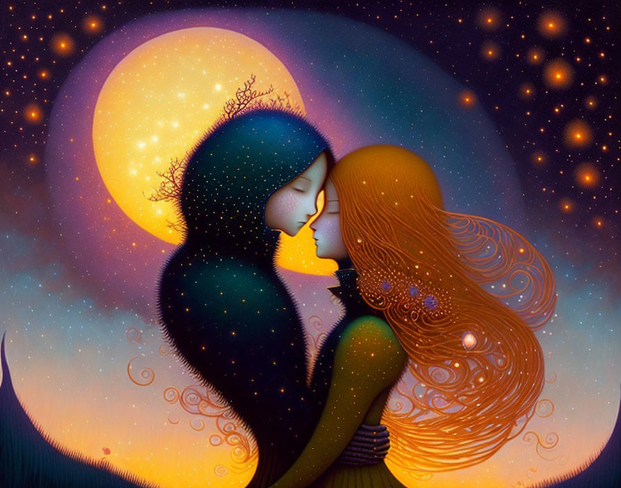 Silhouetted figures kissing under orange moon in starlit sky