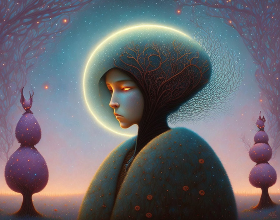 Surreal artwork of person with tree hair and glowing halo in twilight setting