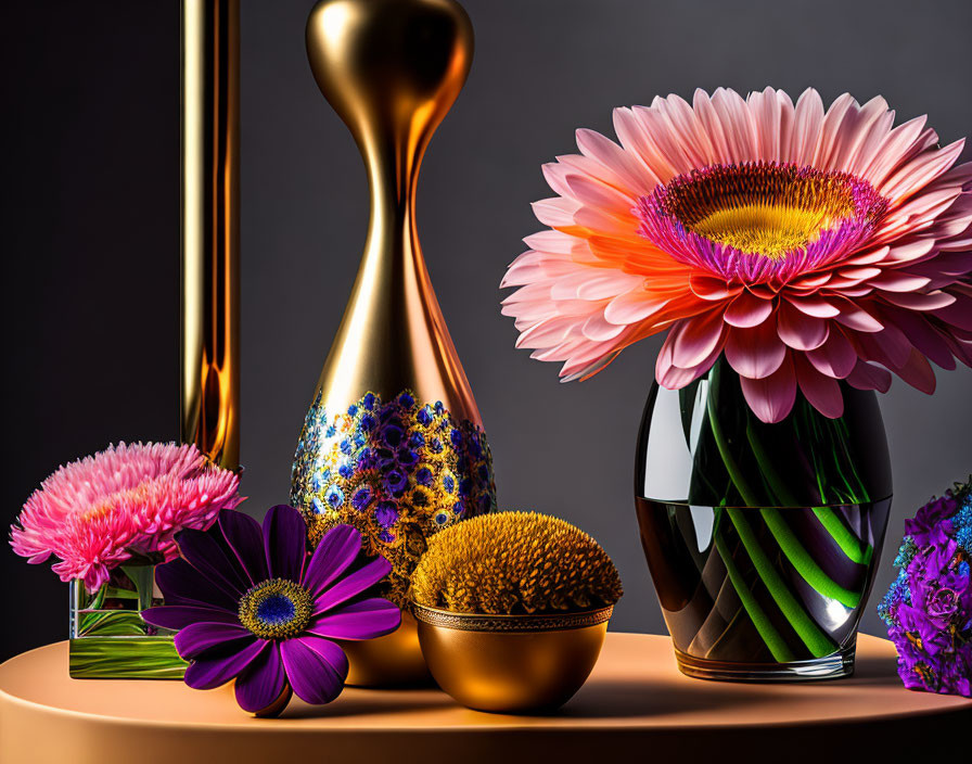 Vibrant flowers in vases with golden ornaments on pedestal against gray backdrop