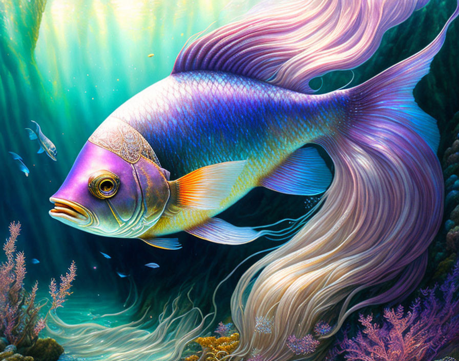 Colorful fantasy fish with flowing fins in underwater scene