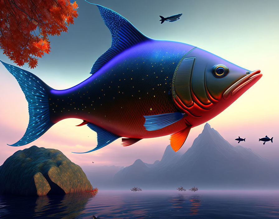 Surreal fish with starry night sky texture above serene lake