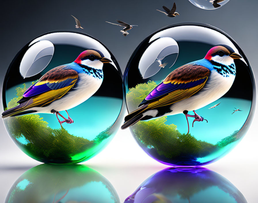 Colorful Birds Reflected in Spheres on Gradient Background