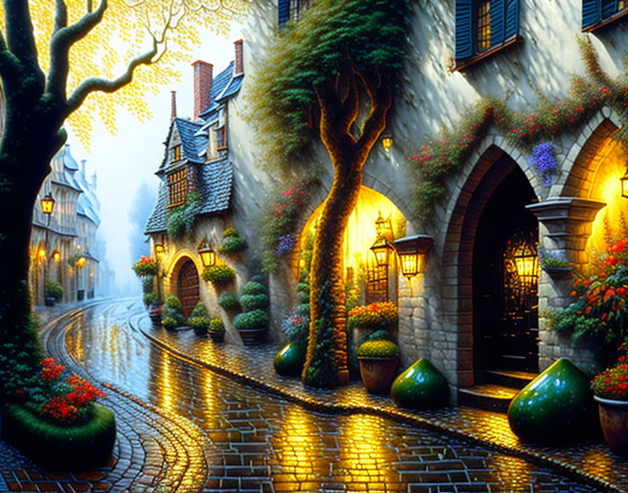 Quaint cobblestone street with houses, lamp posts, and plants at dusk or dawn