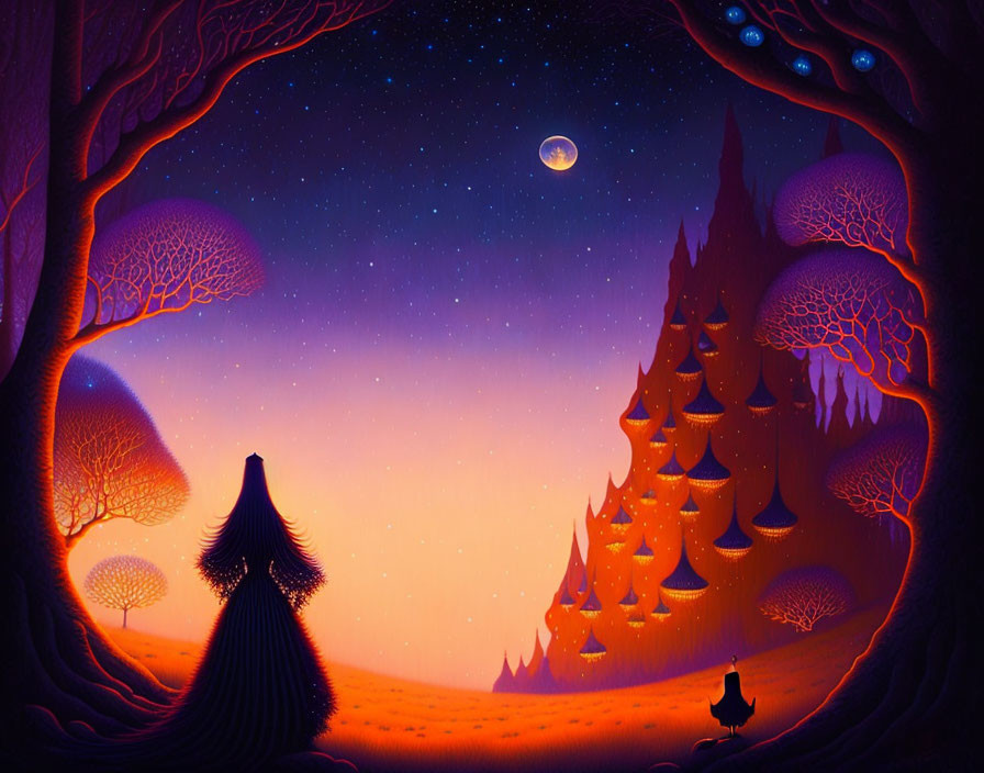 Mystical landscape at twilight with cloaked figure, vibrant trees, starry sky