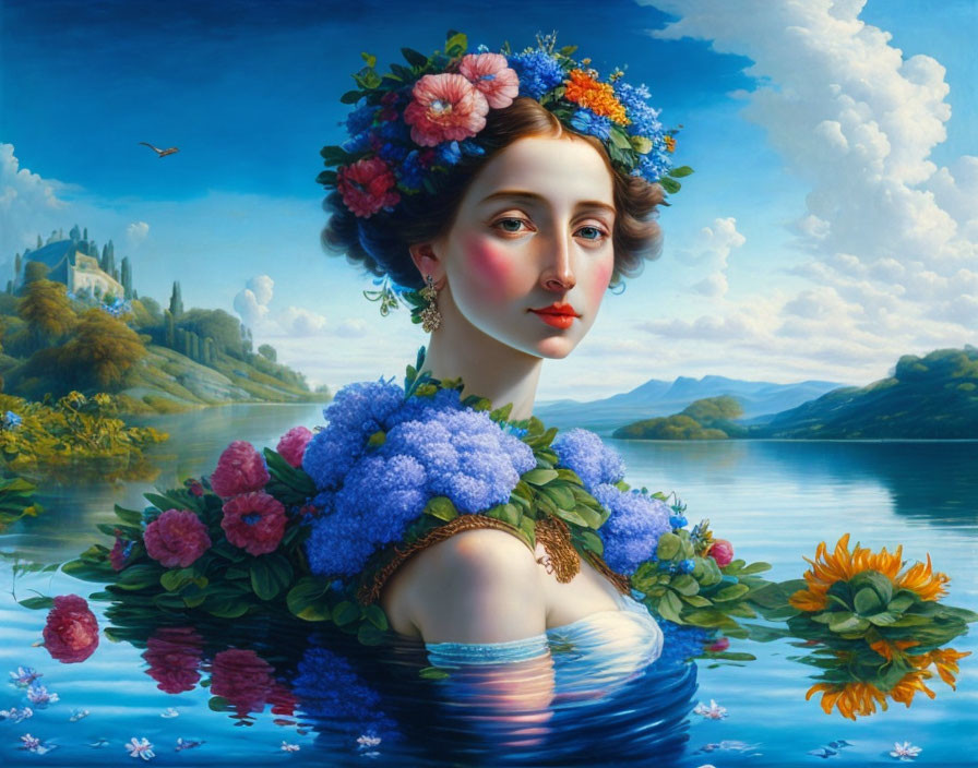 Surreal portrait of woman with floral crown in serene lake landscape