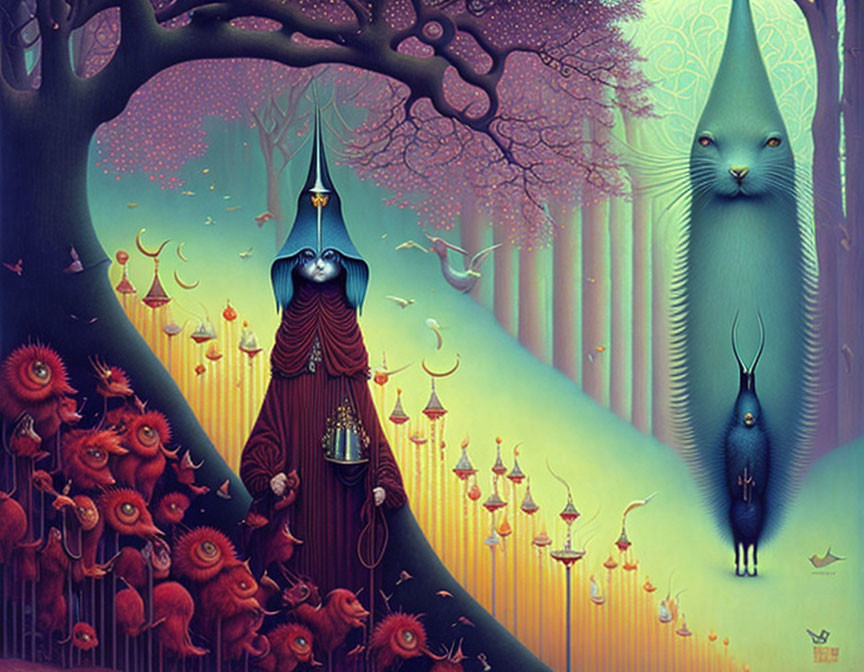 Surreal painting of robed figure, tiny creatures, and rabbit-like beings in mystical forest