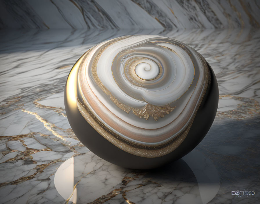 Polished marble sphere with spiral pattern on glossy surface