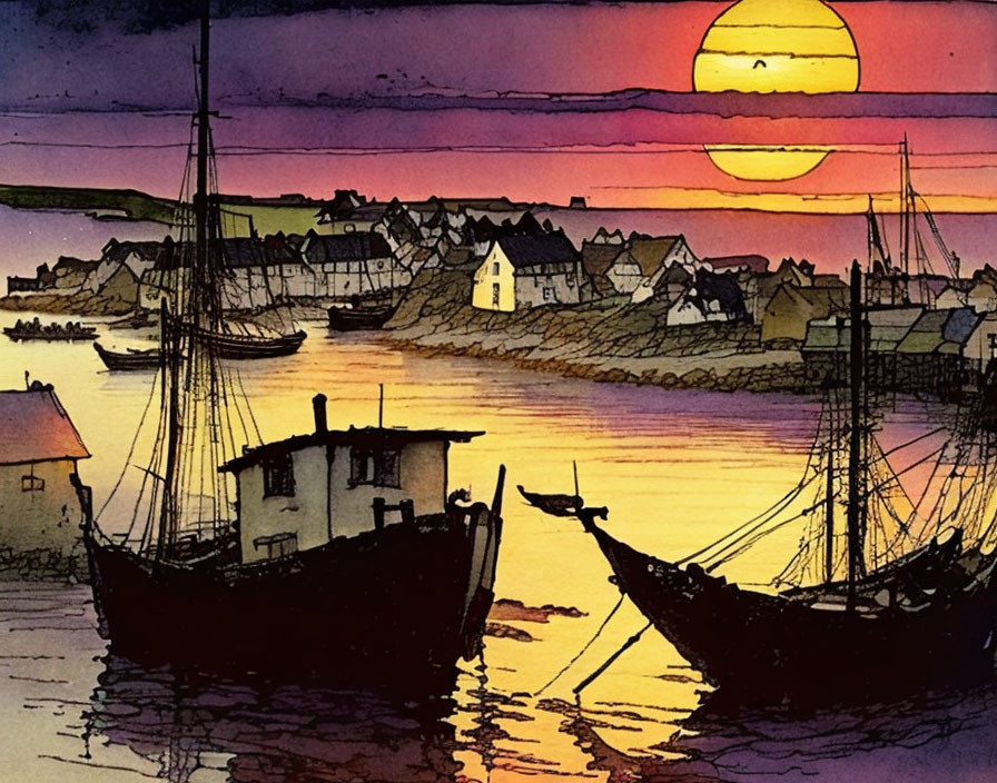 Vibrant sunset over harbor with silhouetted ships and buildings