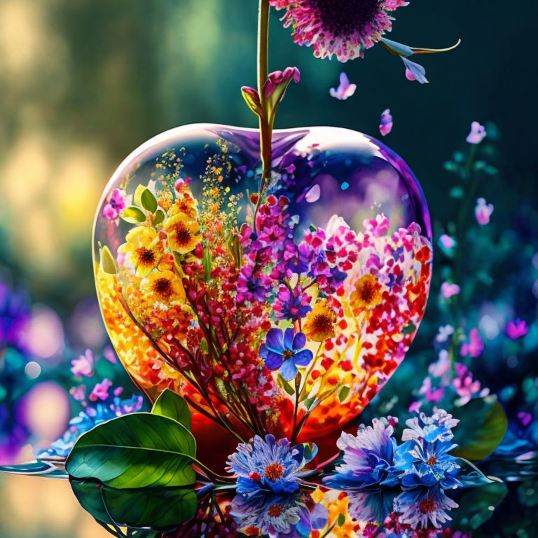 Transparent Apple-Shaped Vase with Vibrant Flowers and Bokeh Background