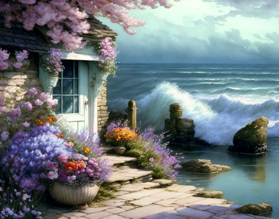 Stone cottage with blooming garden by turbulent sea and stormy sky