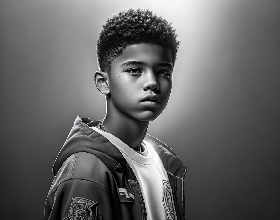 Monochrome portrait of young male with curly hair in jacket and T-shirt