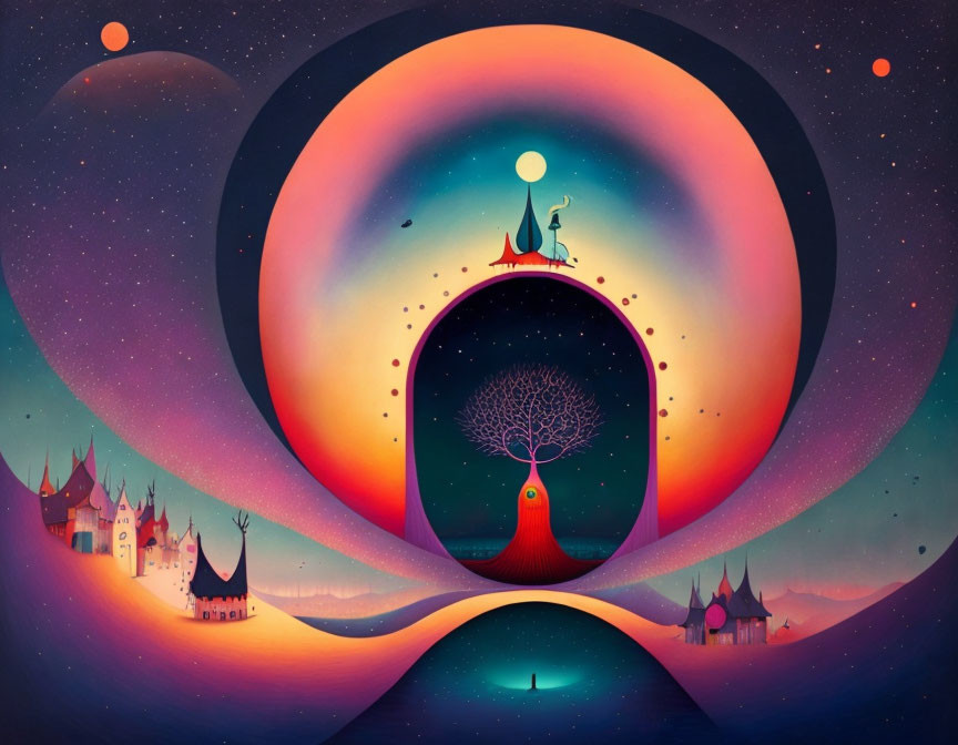 Colorful Surrealist Artwork: Tree, Castle, Moons, Planets