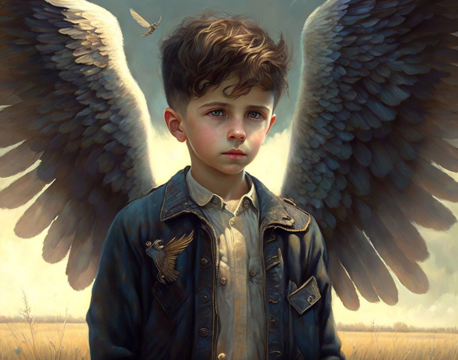 Young boy with angel wings in field, denim jacket, bird on shoulder