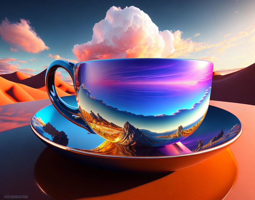 Colorful Giant Cup and Saucer in Desert Landscape with Mountainous Scenery