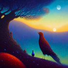 Stylized birds under fantastical tree in vibrant dusk sky