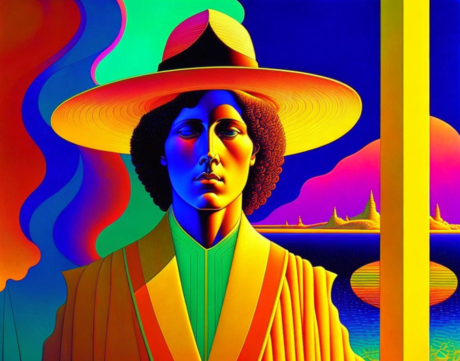 Colorful Digital Artwork: Stylized Figure in Hat and Suit with Abstract Shapes and Serene