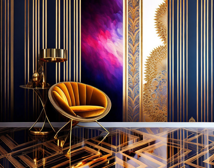 Glossy Herringbone Floor in Luxurious Blue and Gold Room