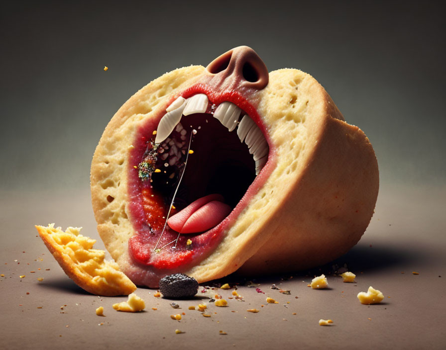 Surreal depiction of angry bread biting itself