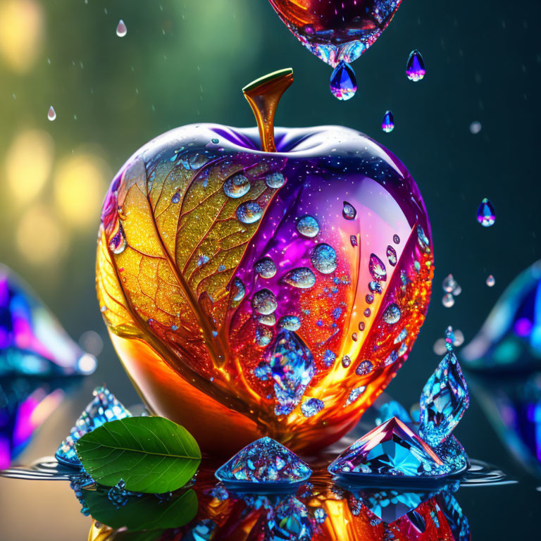 Colorful digital artwork of glossy apple with leaf, water droplets, gemstones, and lights