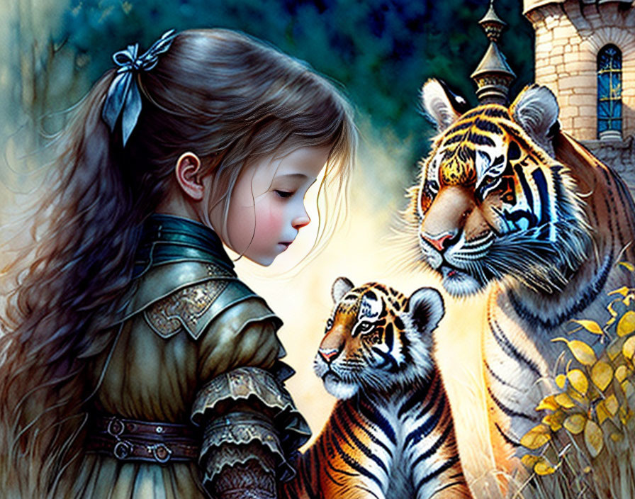 Medieval girl with tigers at castle in twilight