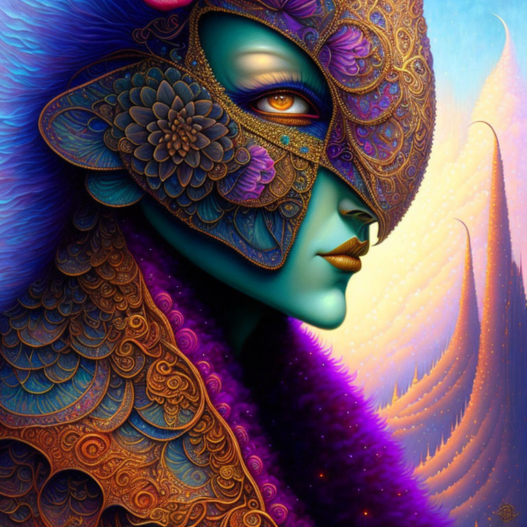 Colorful portrait of a person in blue skin with ornate mask and feathered garment