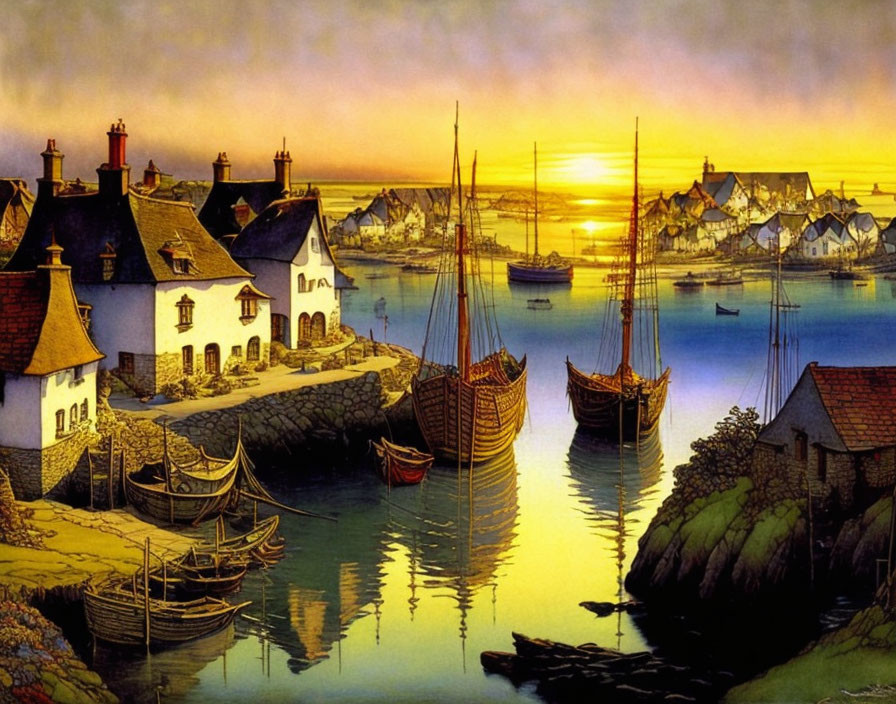 Seaside Village Sunset Scene with Thatched Houses & Viking Longships