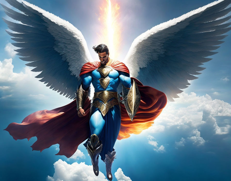 Winged superhero with red cape and shield in dramatic sky