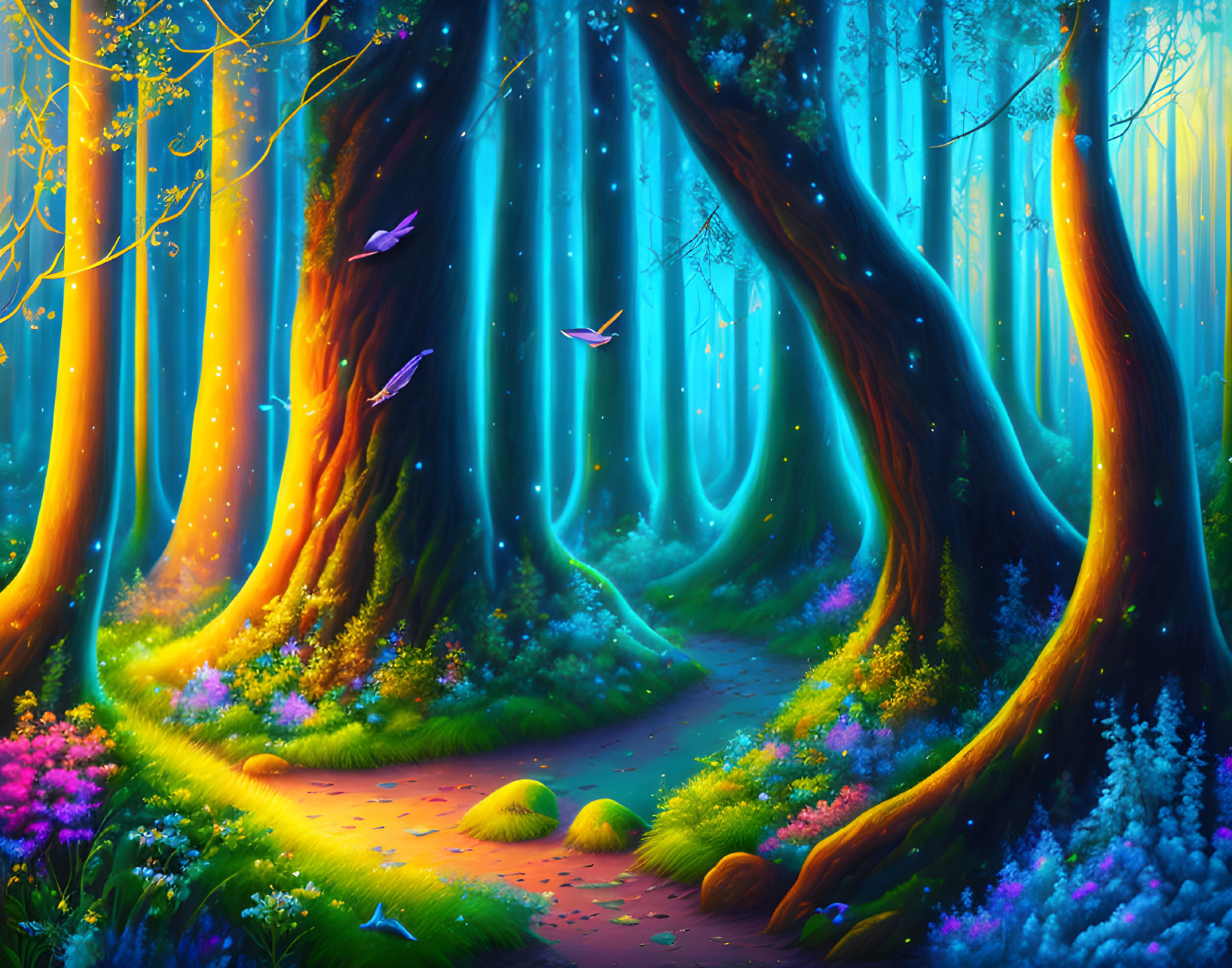 Enchanting forest pathway with luminescent trees, colorful flowers, and glowing birds under blue light