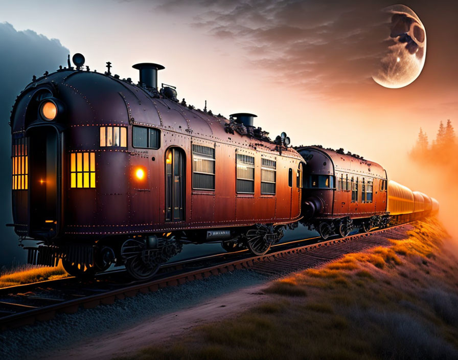 Vintage train with illuminated windows on misty track under large moon at dusk