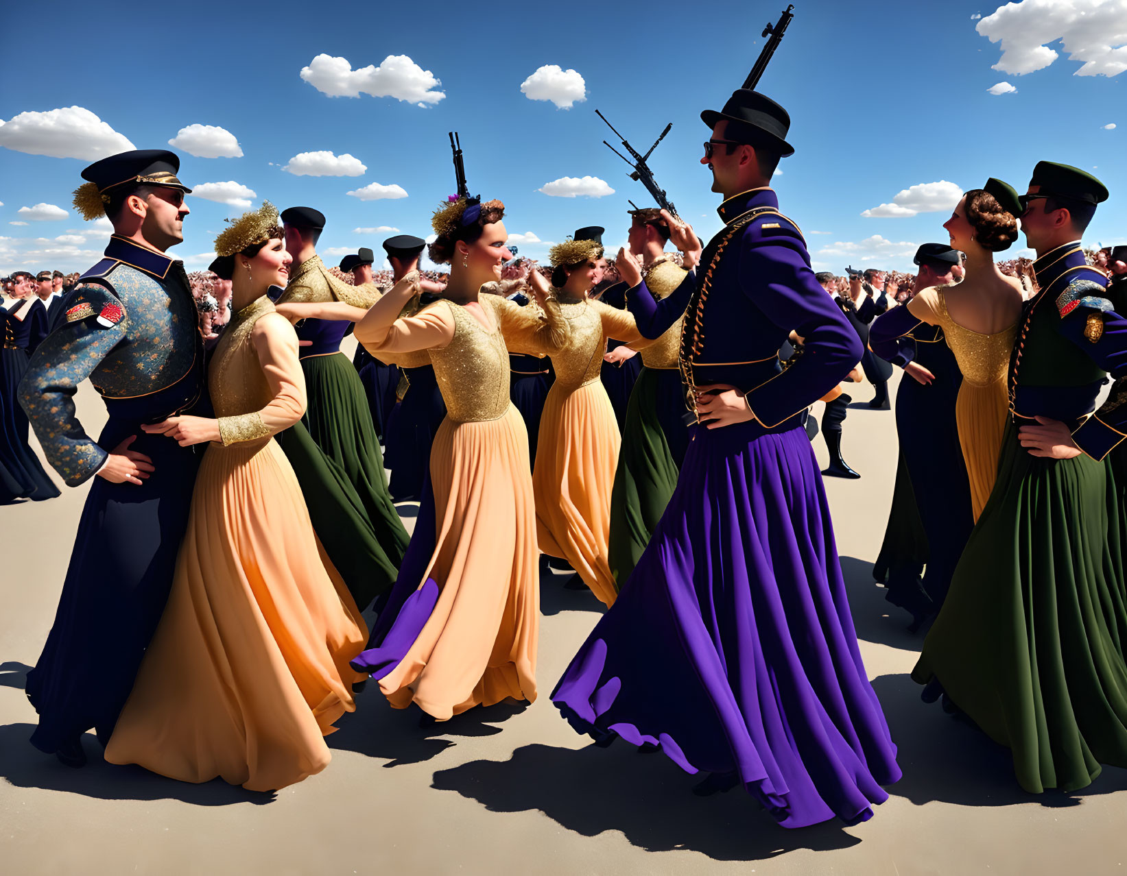 Traditional rifle dance performed by uniformed military personnel and partners in elegant dresses under a blue sky.