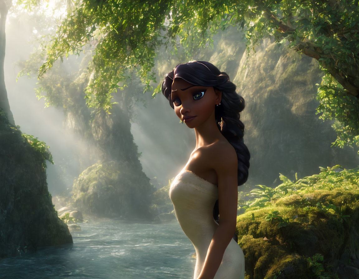 Elegant animated character in sunlit forest by river