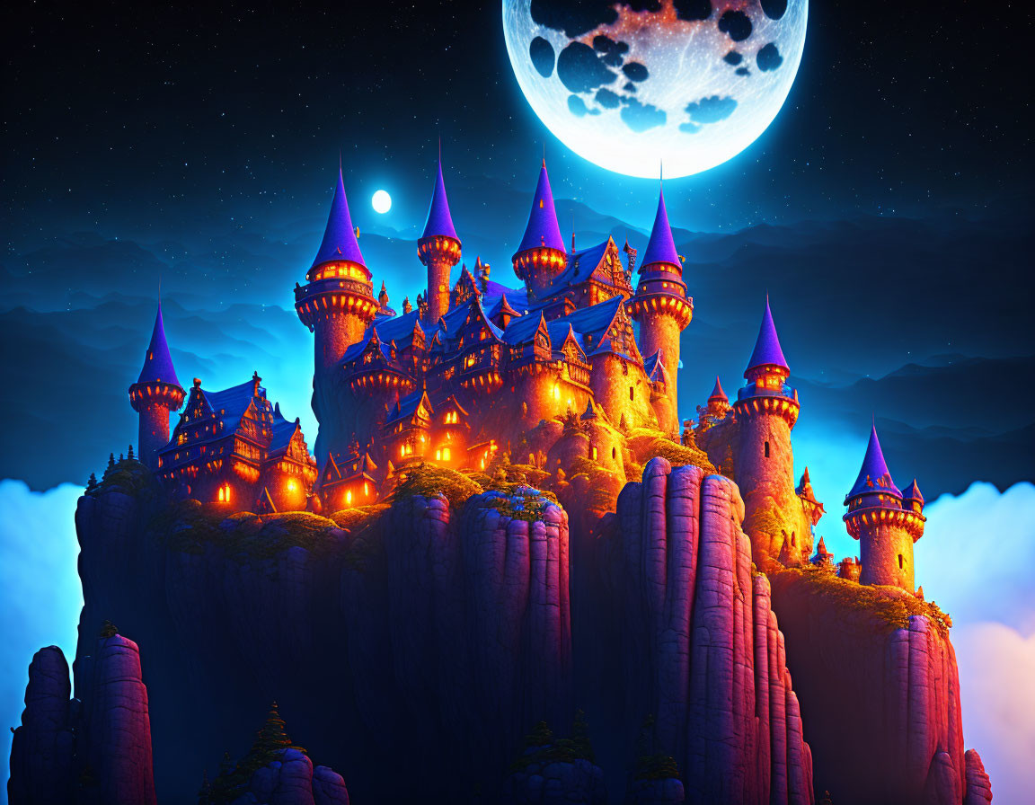 Glowing castle on cliffs under night sky with moon and stars