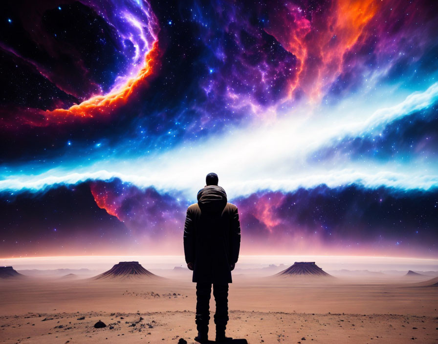 Person facing vibrant cosmic sky over desert landscape