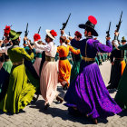 Traditional rifle dance performed by uniformed military personnel and partners in elegant dresses under a blue sky.