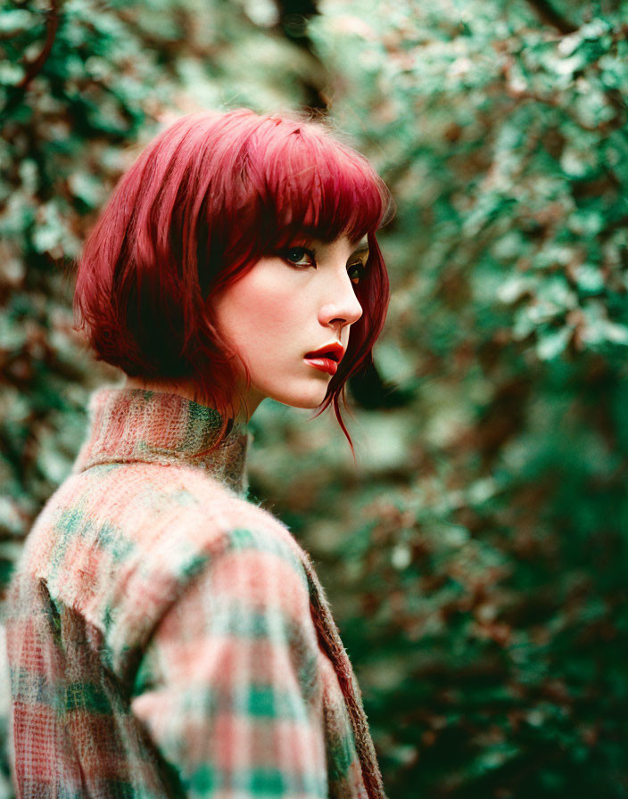 Red-haired person in plaid coat with bold lipstick gazes against green foliage.