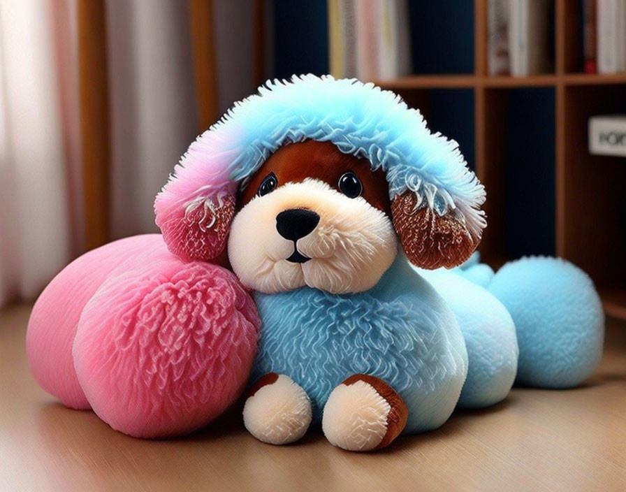 Colorful Plush Toy Dog with Blue and Pink Yarn Fur and Fluffy Hat on Indoor Background