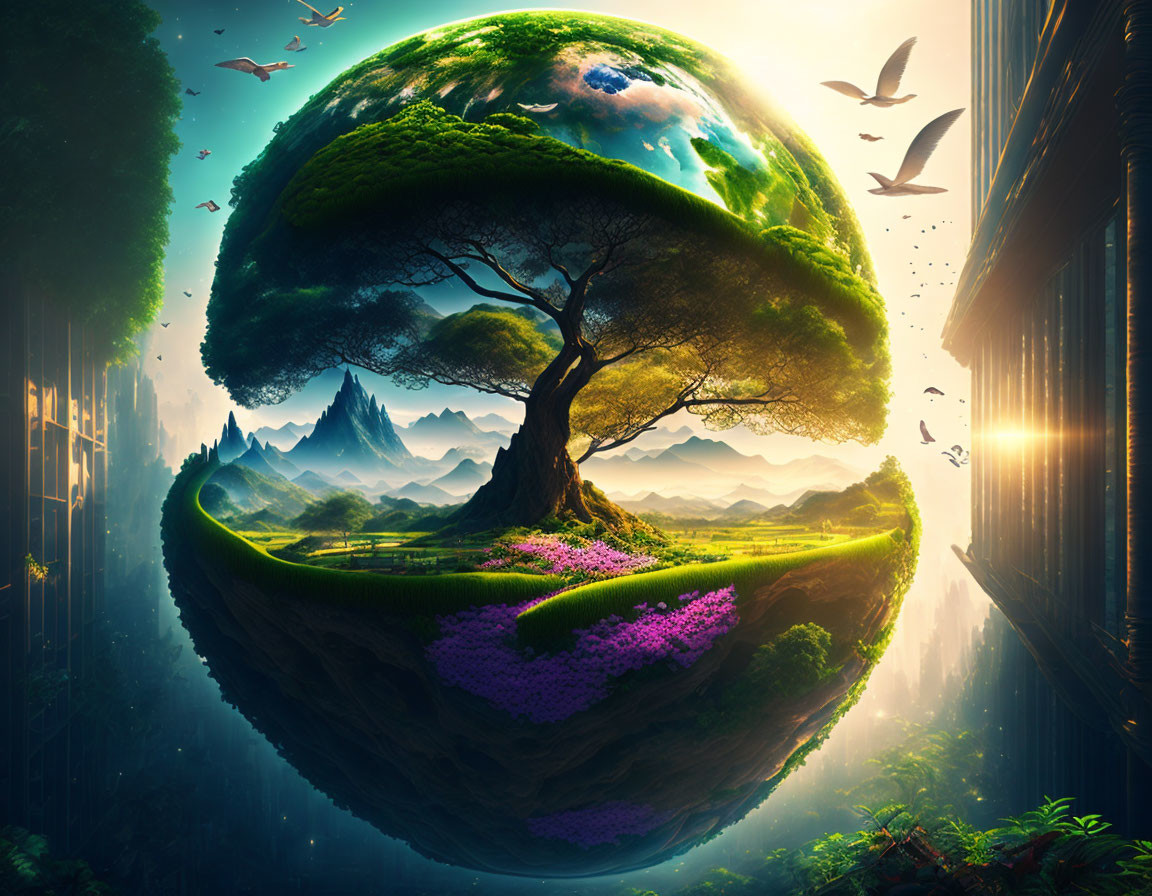 Spherical landmass with tree, meadow, and mountains under dramatic sunrise