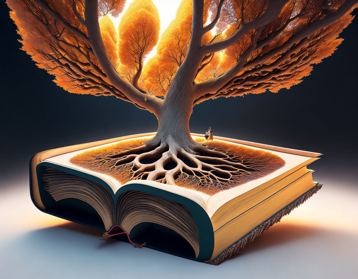 Illustrative autumn tree on open book with small figure, warm-toned backdrop