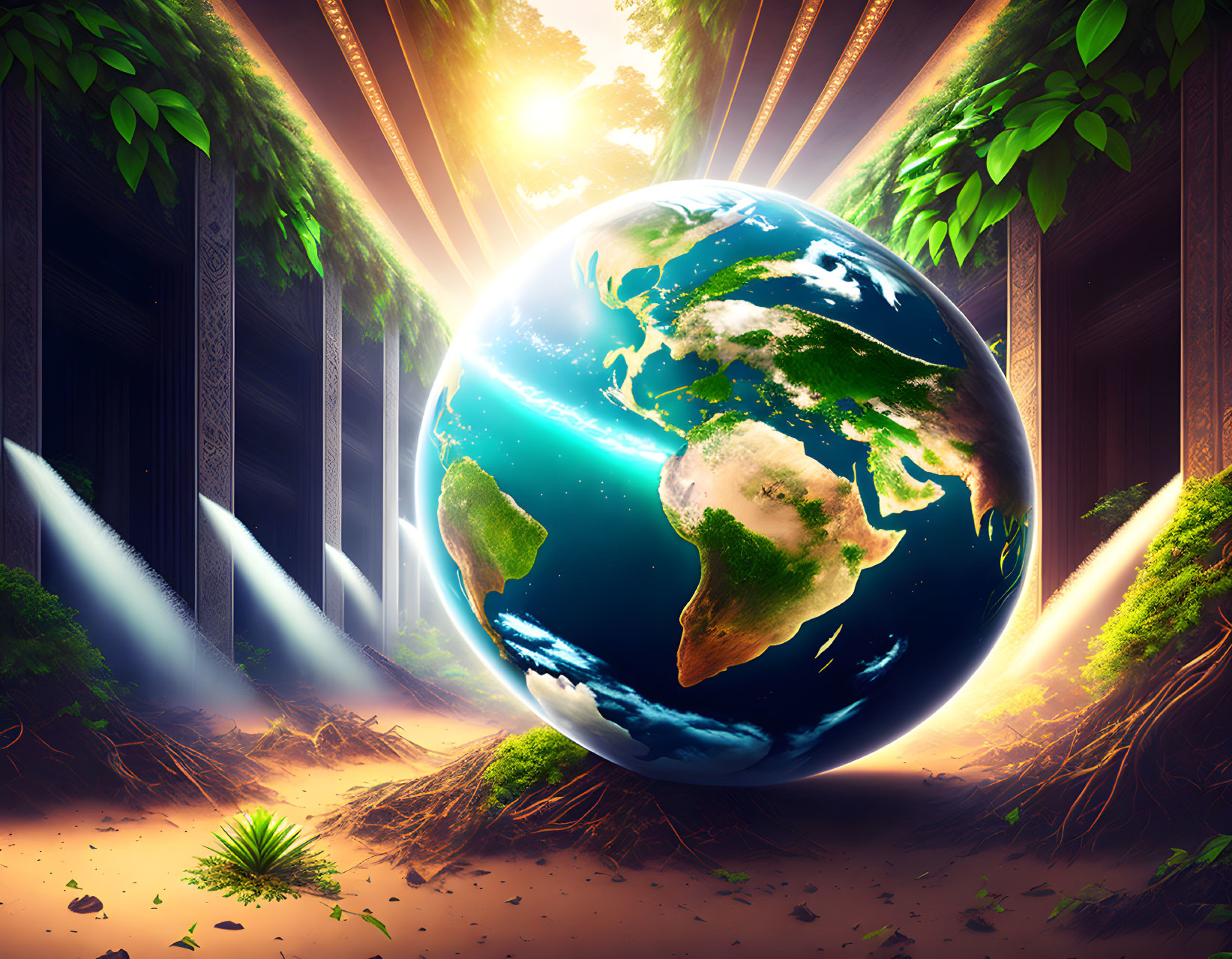 Illustration of Earth in mystical forest with sunlight and waterfalls