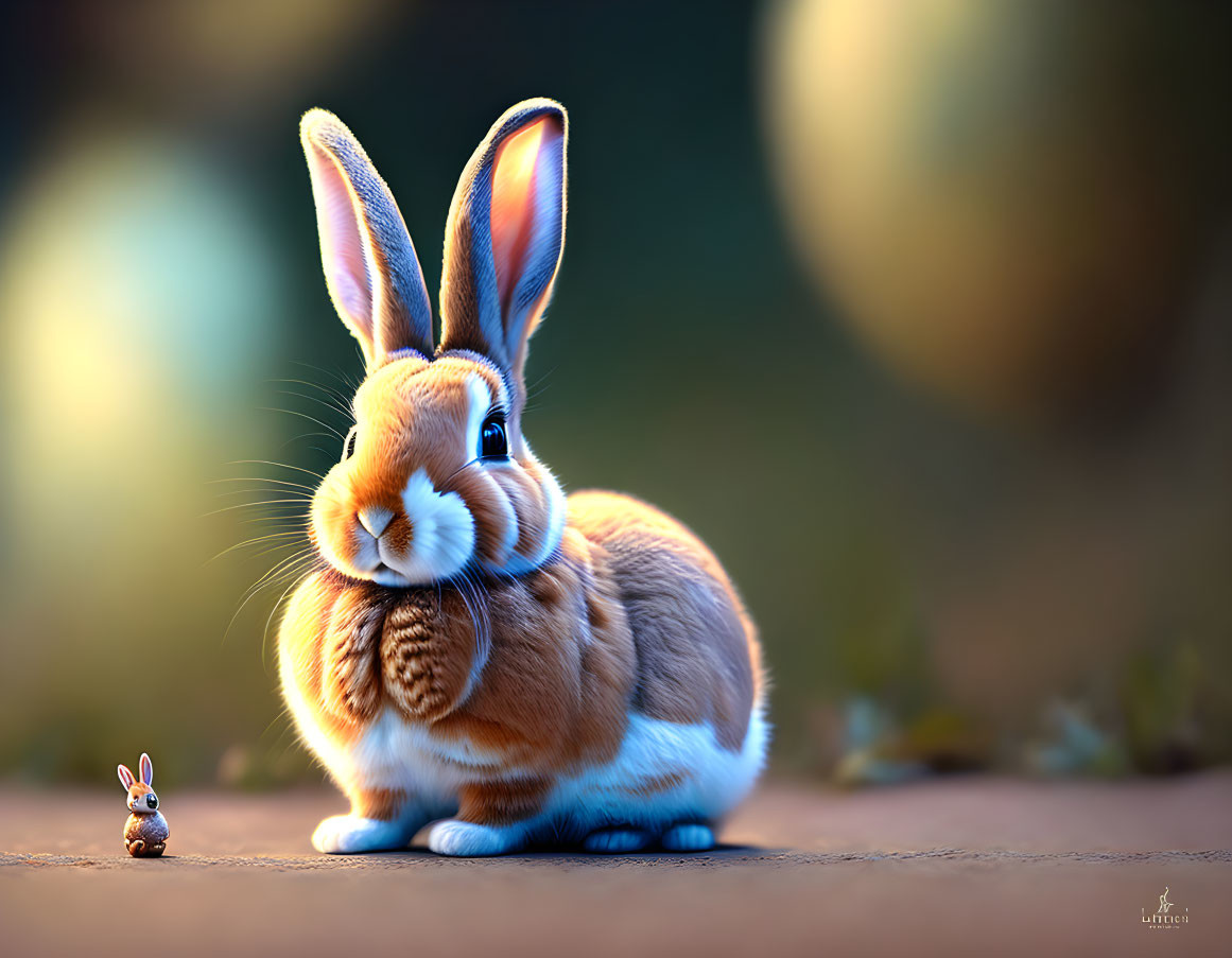 Detailed Large Rabbit Staring at Tiny Rabbit on Smooth Surface