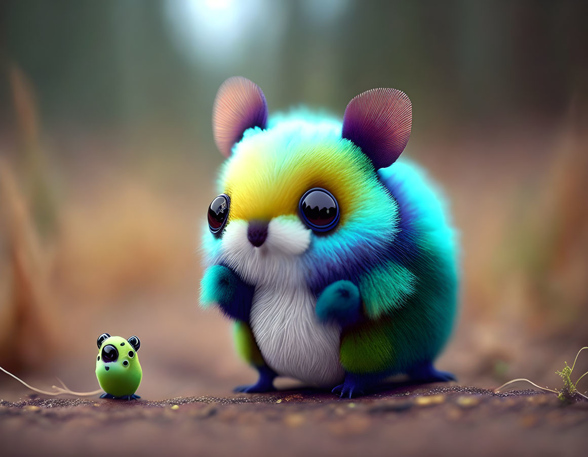 Colorful Fluffy Fantasy Creature Meets Tiny Green Companion