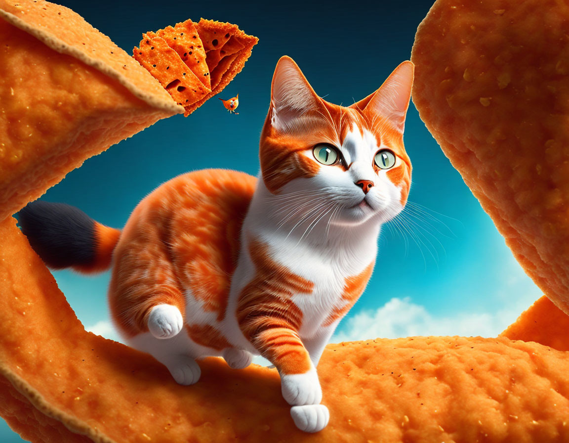 Orange Tabby Cat with Green Eyes Surrounded by Giant Crackers and Butterfly