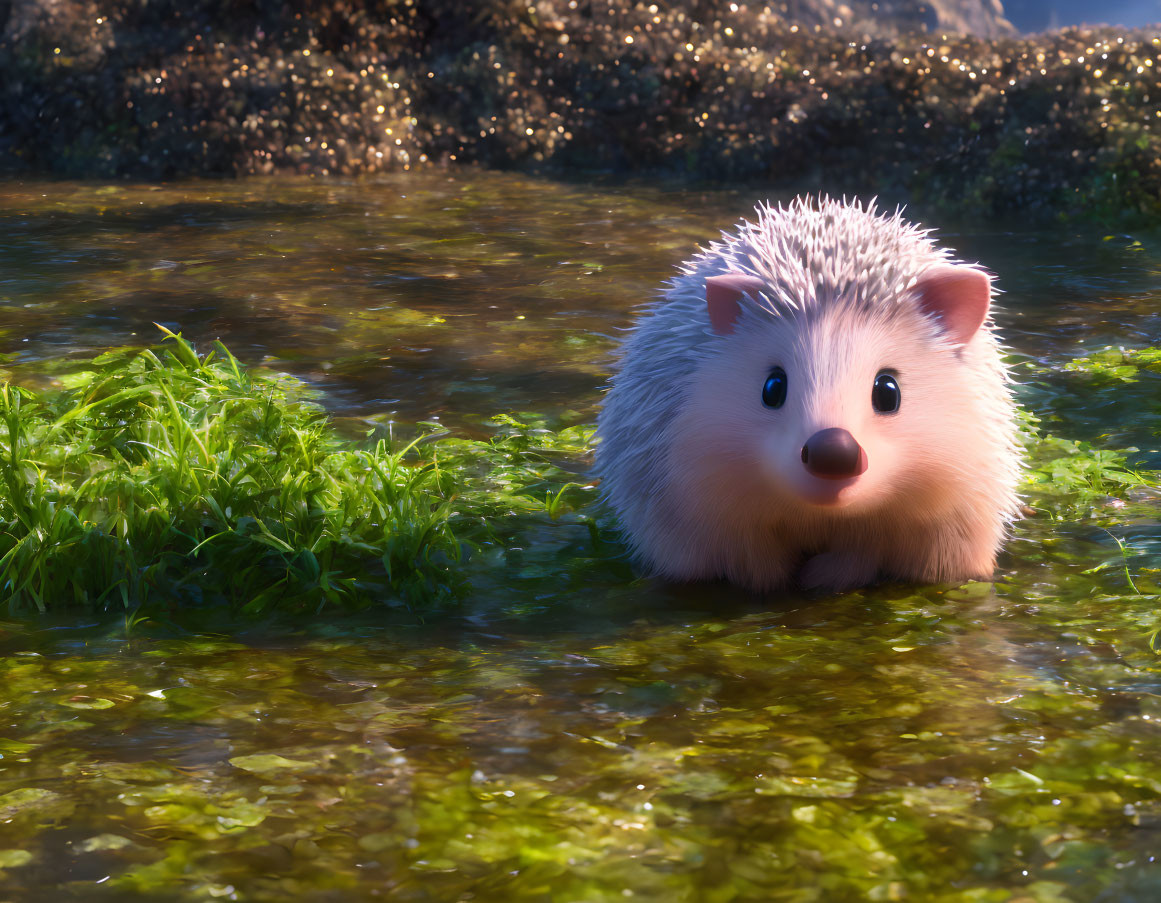 Animated hedgehog in stream with green plants and sunlight